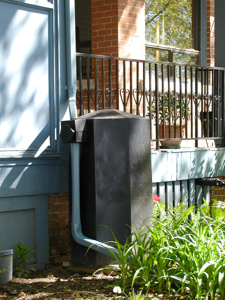 A one piece octagonal rain barrel with an enclosed conical top and an integrated side downspout inflow diverter with 200 micron media filter system and passive overflow. Fitted with a 3/4" brass drain valve. Capable of being infinitely daisy-chained with an optional 3/", 3' connector hose to expand storage capacity to manage any size of sized rooftop. 